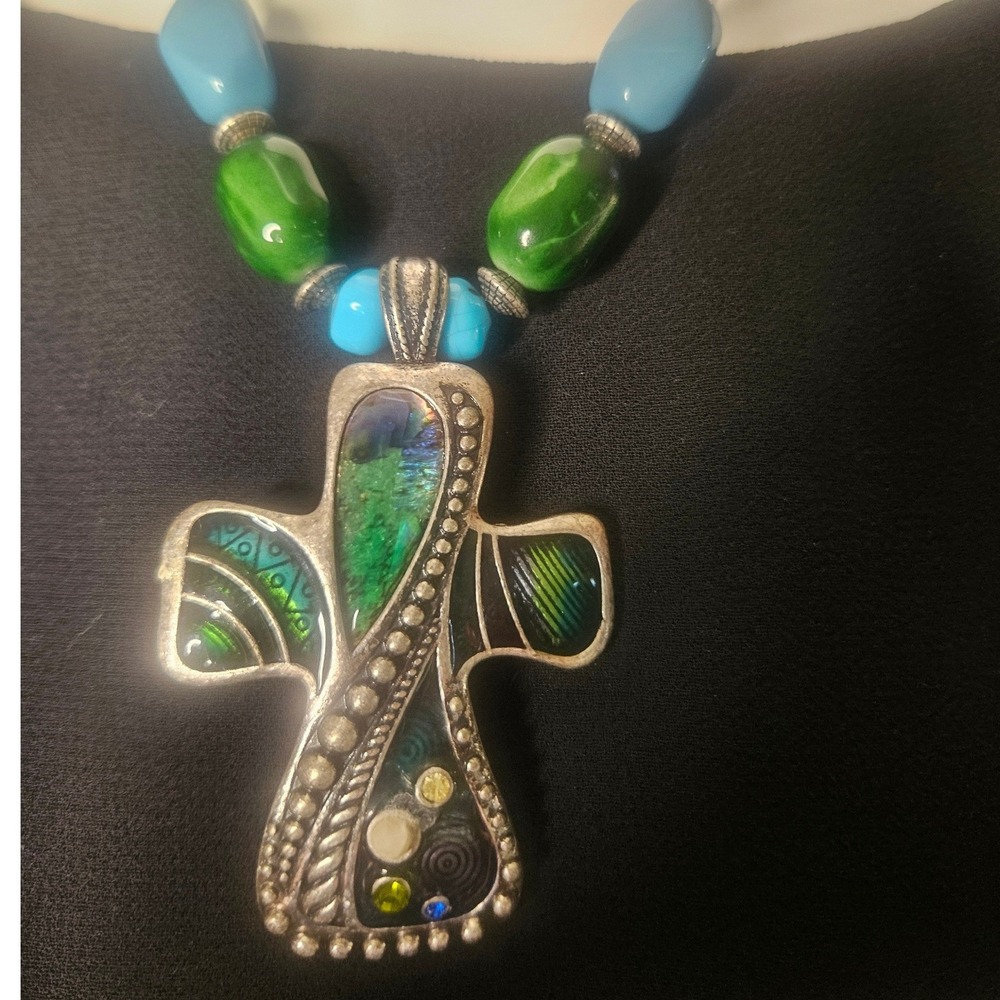 Vintage Handmade Silver Tone Cross Pendent Necklace Blue Green Dichrow Glass